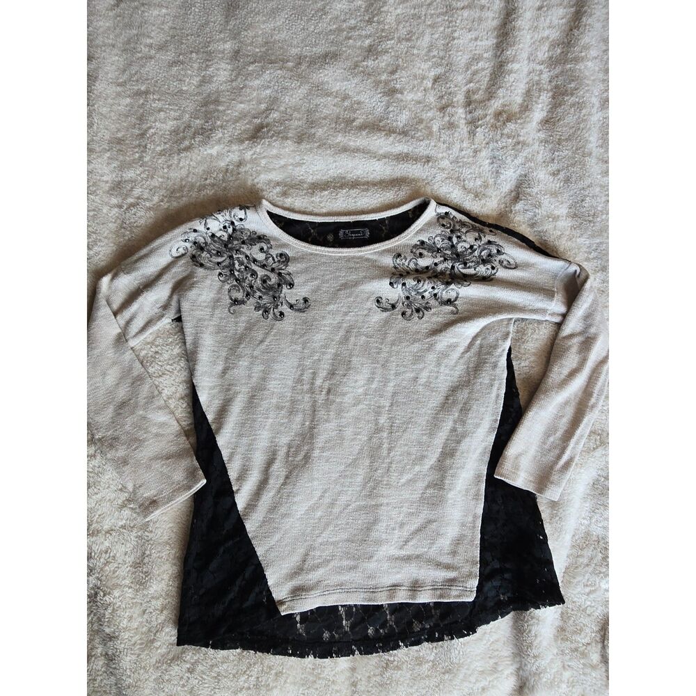 Shyanne Western Floral Rhinestone Knit Blouse Black Lace Back Small